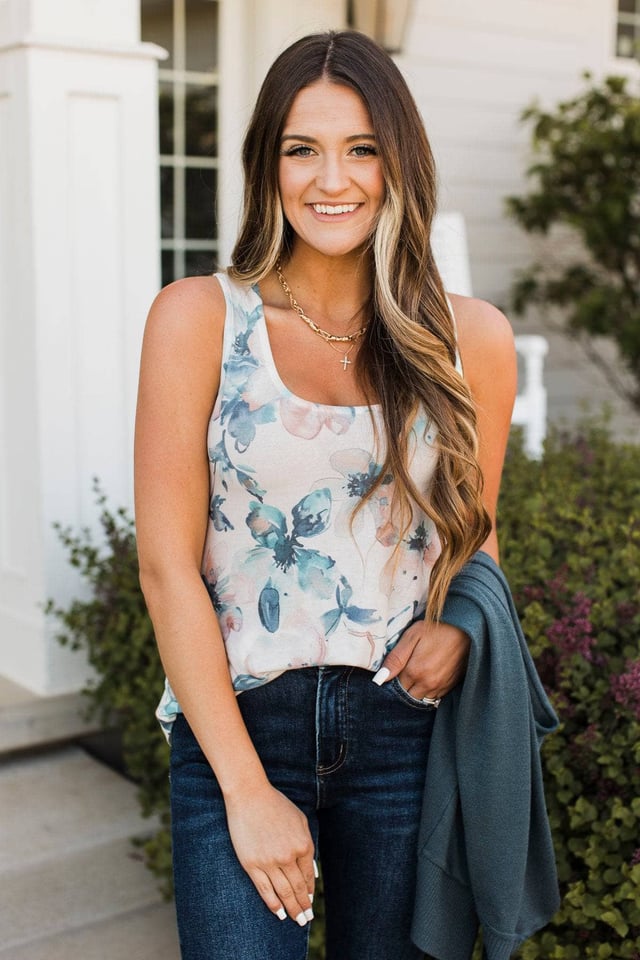 Admirable Confidence Floral Tank Top- Ivory & Blue