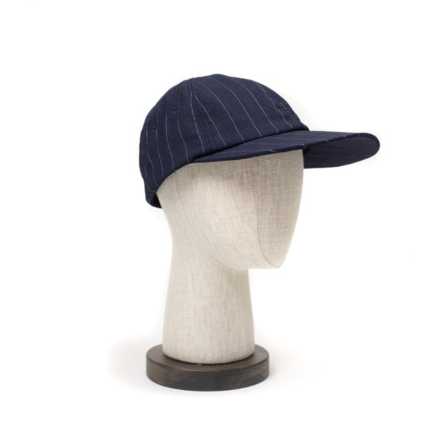 Classic 6 Panel Cap in navy chalk stripe linen viscose