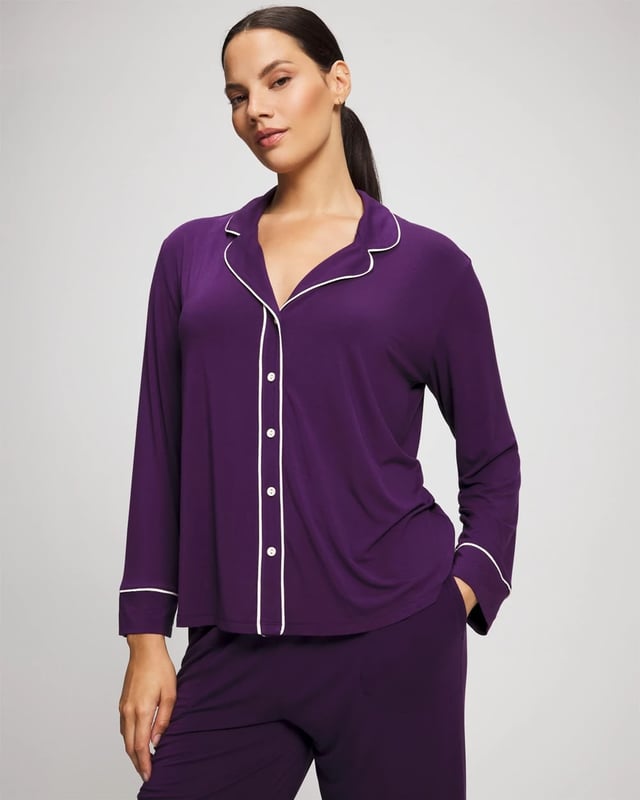 Long Sleeve Notch Collar w/ Piped Placket Pajama Top