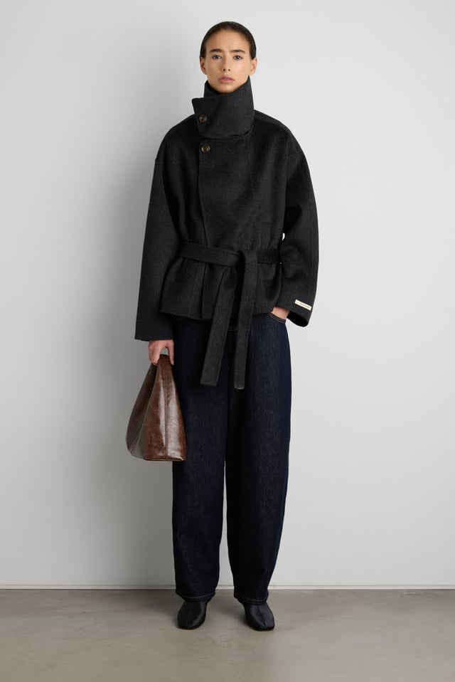BRUSHED WOOL HAND MADE FUNNEL NECK COAT WITH BELT