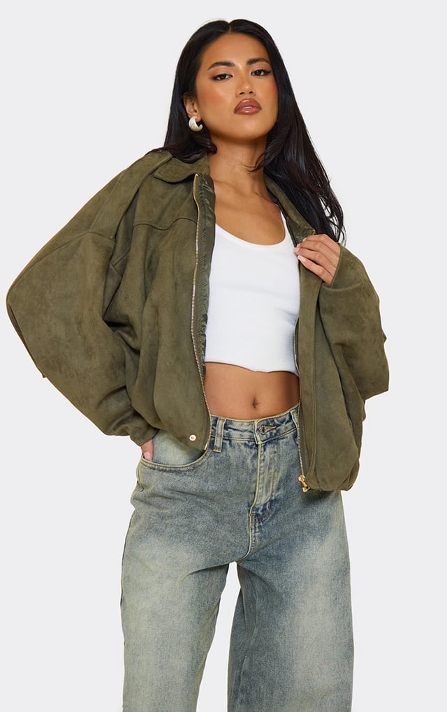 Long Sleeved Zip Front Collared Detail Bomber Jacket In Khaki Green