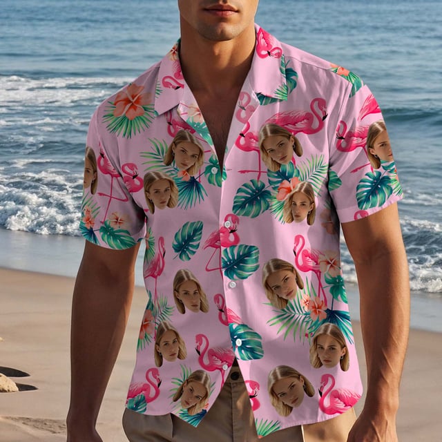 Custom Face Hawaiian Shirts With Face Colorful Flamingo Aloha Beach Shirt - Pink