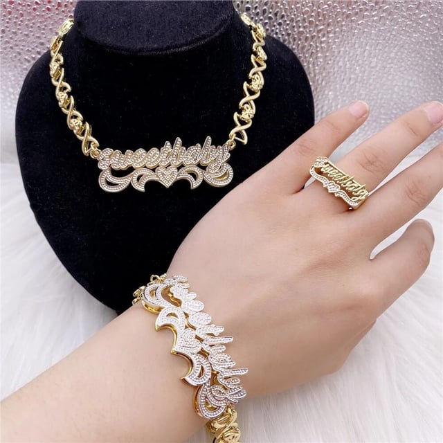 Double Layer Two Tone Nameplate with XOXO Chain Personalized Name Necklace Bracelet and Ring Set