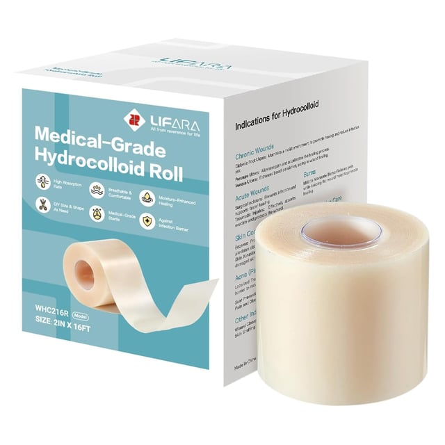 Lifara Hydrocolloid Roll for Wound Care - Cut-To-Size, Extra Large Hydrocolloid Patch Bandages with Self-Adhesive, Ultra Absorbent, Flexible & Waterproof, First Aid Kit Essential (2In*16Ft)