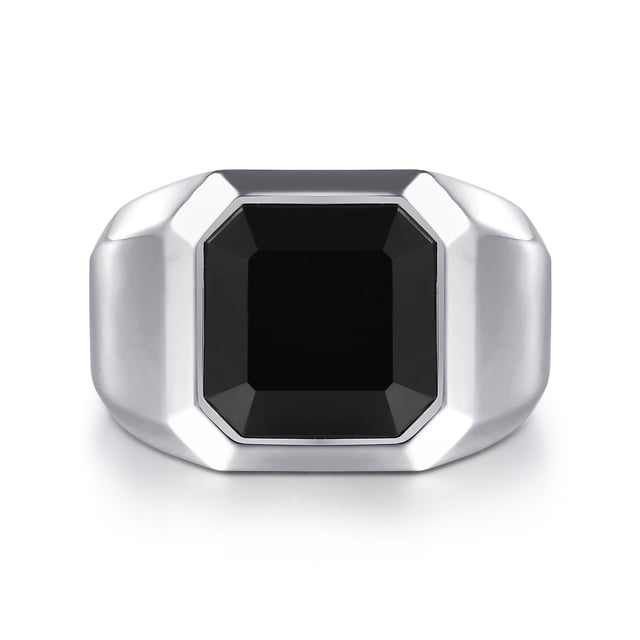 Wide 925 Sterling Silver Signet Ring with Faceted Onyx Stone in High Polish Finish