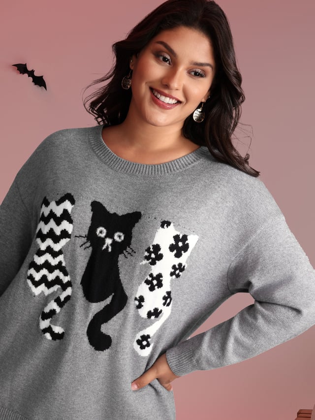 Spooky Cats Jacquard Pattern Pullover