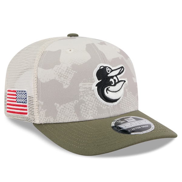 Men's Baltimore Orioles New Era Light Beige/Olive 2025 Armed Forces Day 9SEVENTY Stretch-Snap Hat