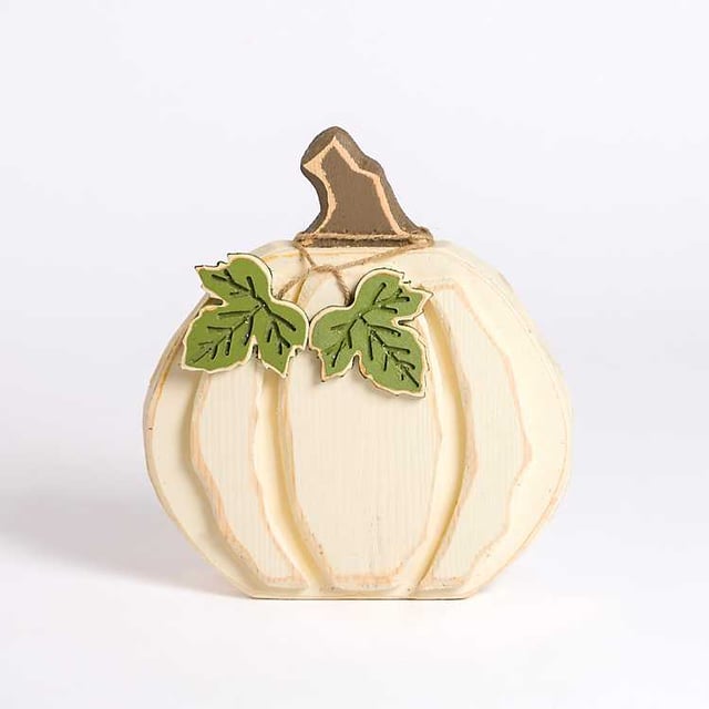 Cream Carved Wood Porch Pumpkin, 14 in.