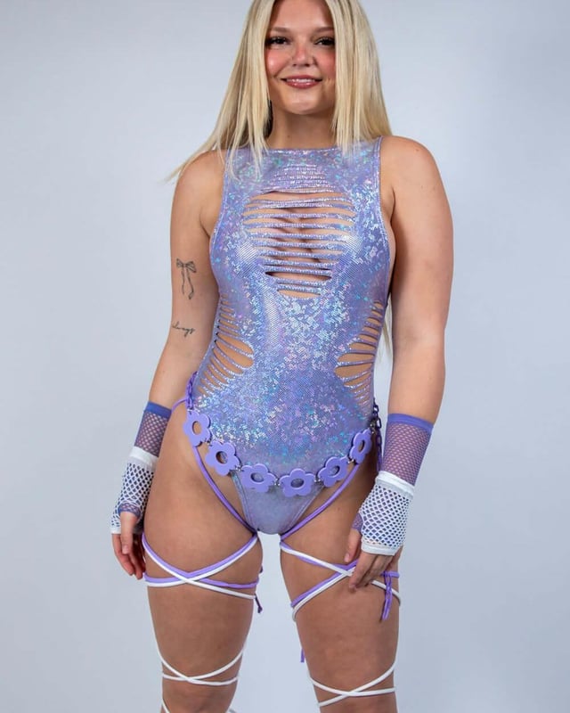 Lavender Holo Slit Sideboob Bodysuit with Leg Straps