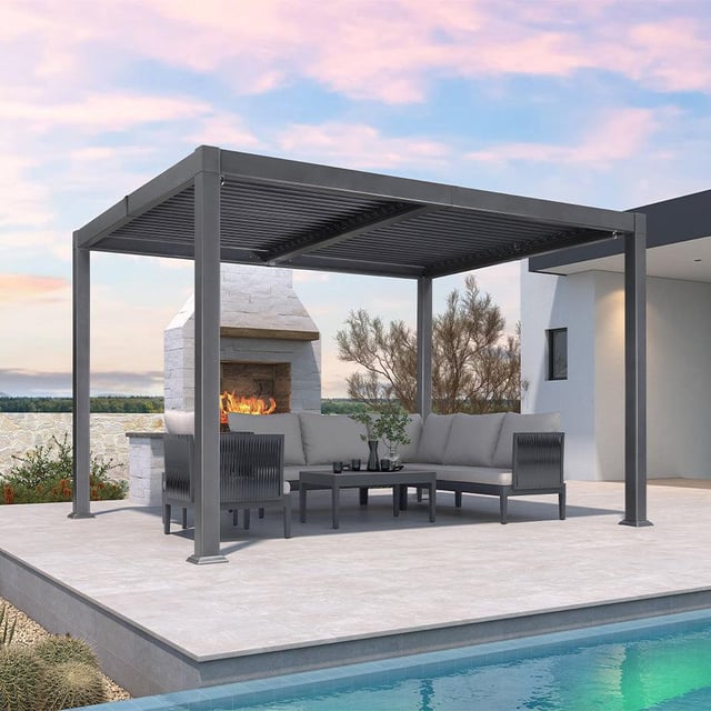 PURPLE LEAF 9' × 12' Outdoor Louvered Pergola Patio Sun Shade Shelter with Adjustable Hardtop Patio Pergola Grey