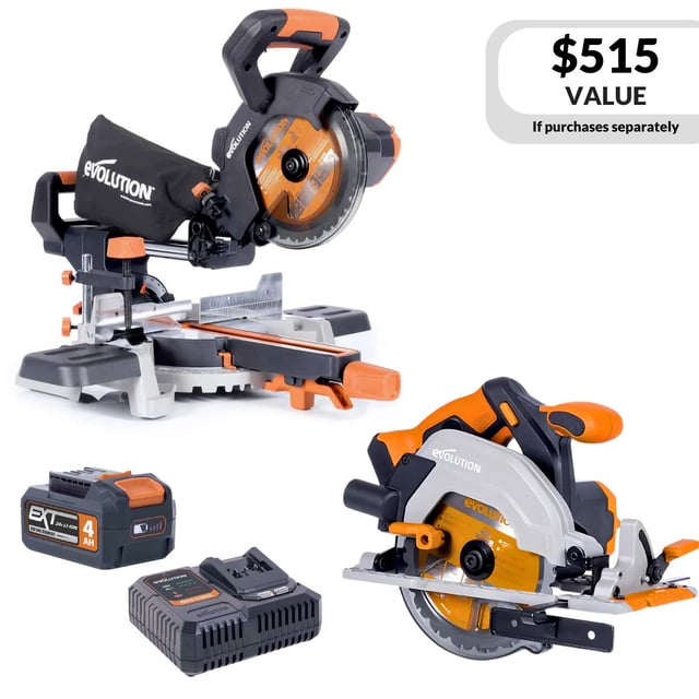 Evolution Cordless Saw Kit | R185SMS-Li 7-1/4 Sliding Miter Saw | R165CCS-Li 6-1/2 Circular Saw | 4ah Battery 20v EXT | Charger