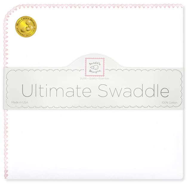 Ultimate Swaddle Blanket - White with Pastel Pink Trim