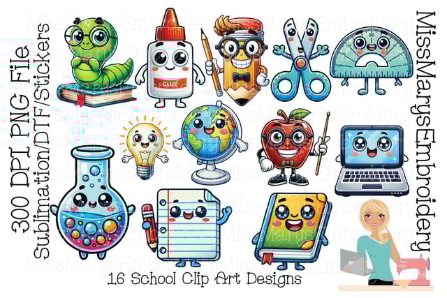 Cute School Clipart Bundle PNG | Kawaii Teacher Designs | Classroom Sublimation Designs | Designs for Stickers or DTF Printing | School PNG