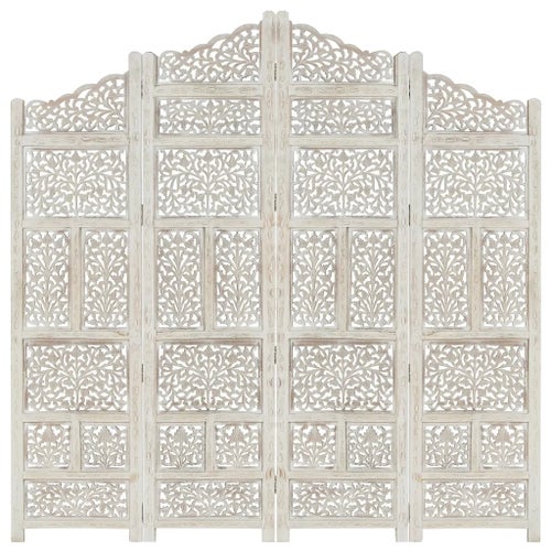vidaXL Hand carved 4-Panel Room Divider White 160x165 cm Solid Mango Wood