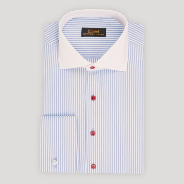 The Corcoran | White Contrast Spread Collar | French Cuff | 100% Cotton | Light Blue