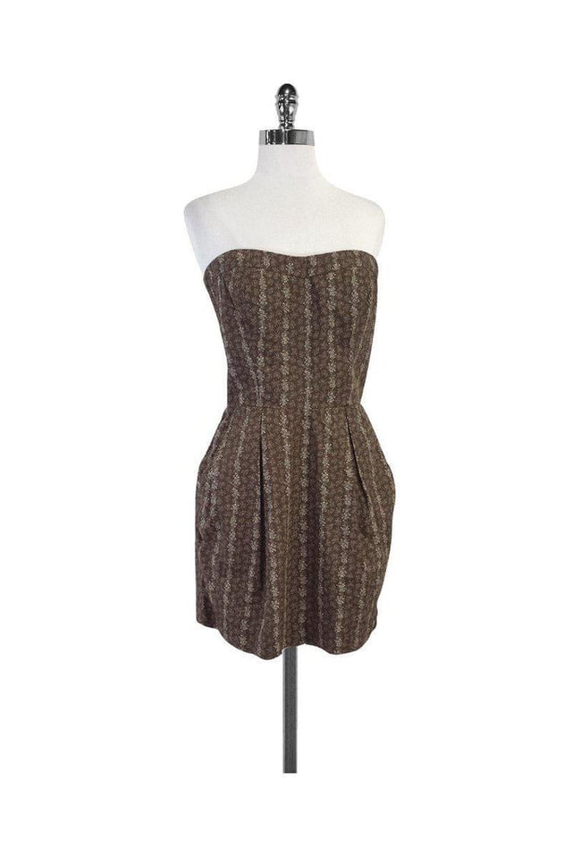 Sunner - Brown & Beige Floral Print Strapless Dress Sz 8