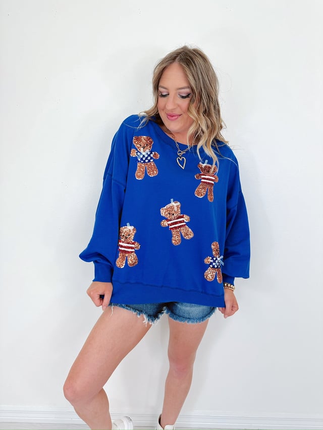 Bear-y Patriotic Sequin Sweatshirt - Blue