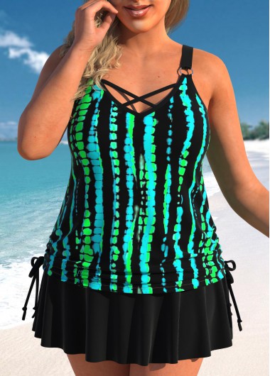 Plus Size Drawstring Cyan Multi Stripe Print Tankini Set