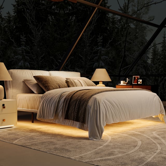LumiFlex - Modern King Size Floating Bed Frame with LED Lights and Replaceable Headboard, Beige Upholstered Bed Frame with Wooden Slat Support, No Box Spring Needed, Easy Assembly