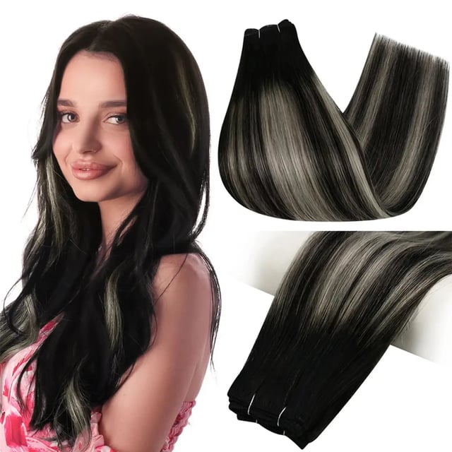Full Shine Virgin Weft Brazilian 100% Real Human Hair Sew In Bundles Balayage Highlights (#1B/Silver/1B)