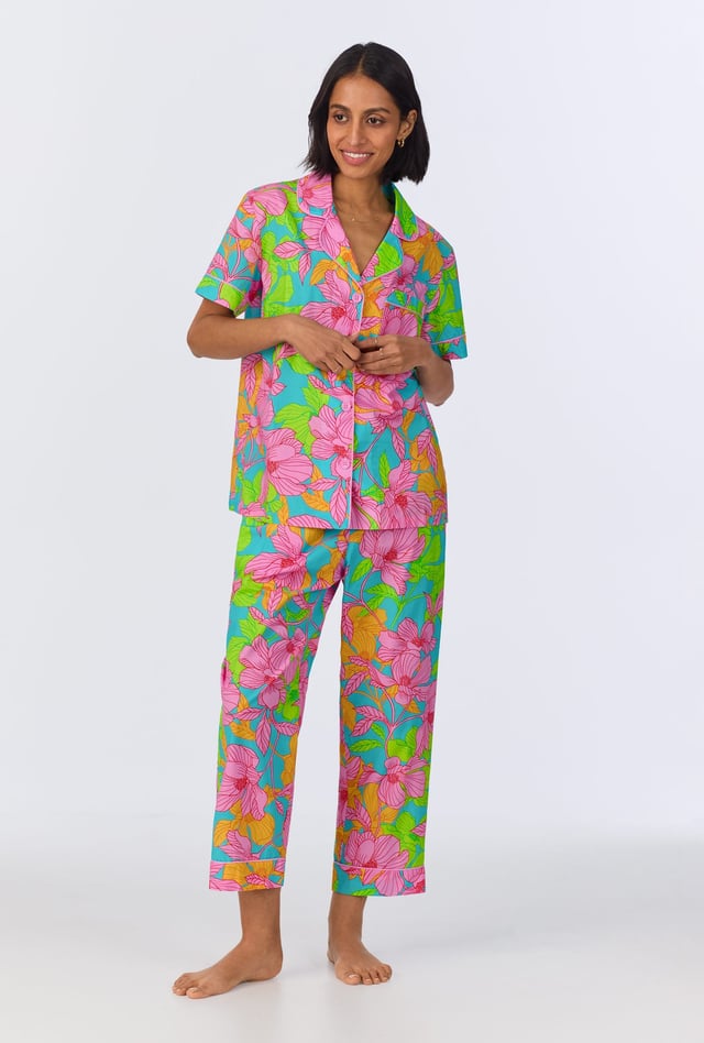 BedHead x Trina Turk Linear Floral Short Sleeve Classic Cropped Woven Cotton Poplin PJ Set