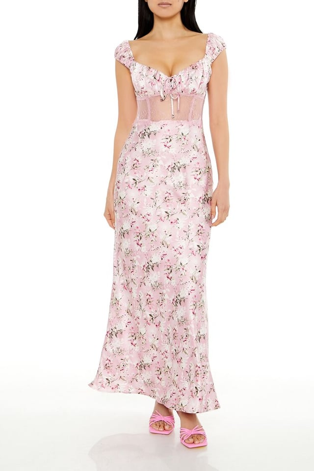 Lace-Trim Satin Floral Maxi Dress