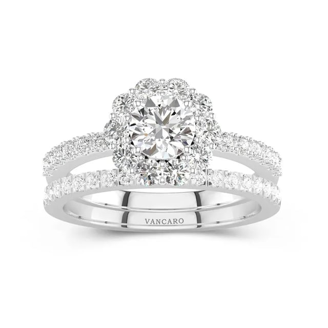 White Round Wedding Ring Set 925 Sterling Silver Halo Blossom Straight Shank Women