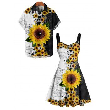 Vacation Couple Outfit Contrast Color Sunflower Leaf Pattern Ruched Bust Sweetheart Neck A Line Mini Dress and Button Up Shirt Gothic Matching Outfit