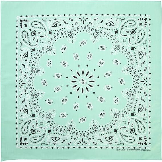 1 piece, Western Paisley Bandana - Made in USA 100% Cotton, Mint Green, 22" x 22" 