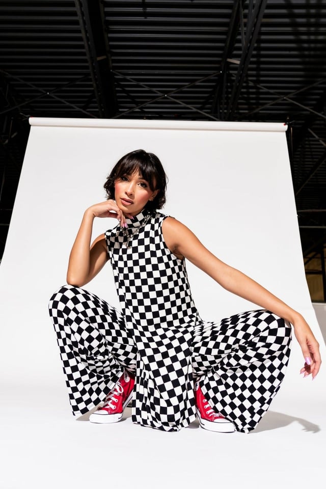 Gigi Sleeveless Ribbed Playsuit in Black + White Check *RESTOCKED*