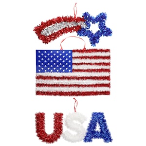 Patriotic Red, White, and Blue Tinsel Wall Decorations