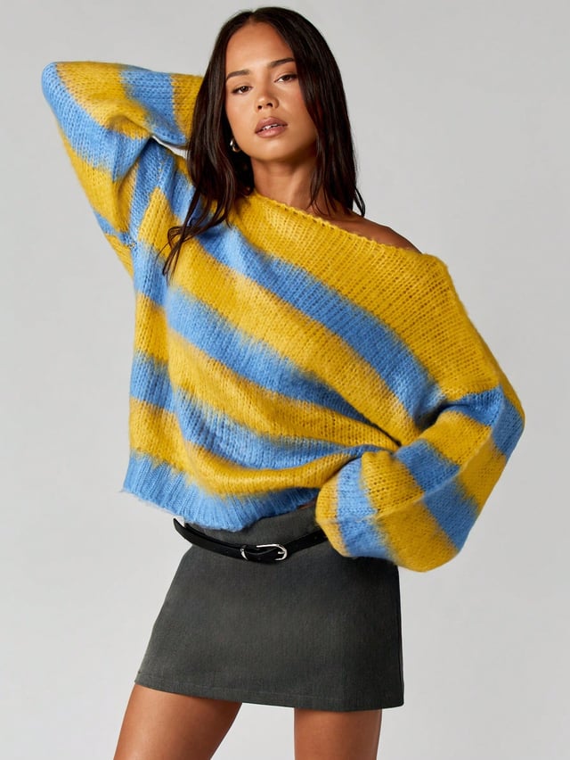 MISSGUIDED Off Shoulder Striped Knit Sweater With Long Sleeves