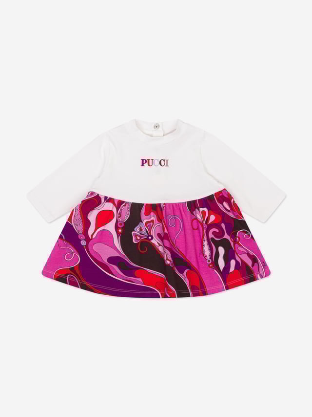 Baby Girls Orchidee Print Logo Dress in Ivory