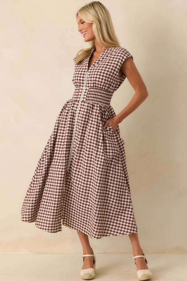 The Evette Brown Gingham Cotton Zip Front Midi Dress
