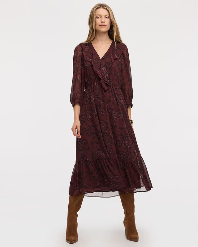 Long-Sleeve Midi Tiered Dress with Ruffles