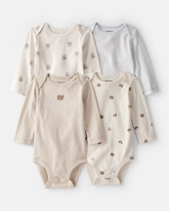 Baby 4-Pack Snack Time Long-Sleeve Multipack Bodysuits - Blue/White/Brown