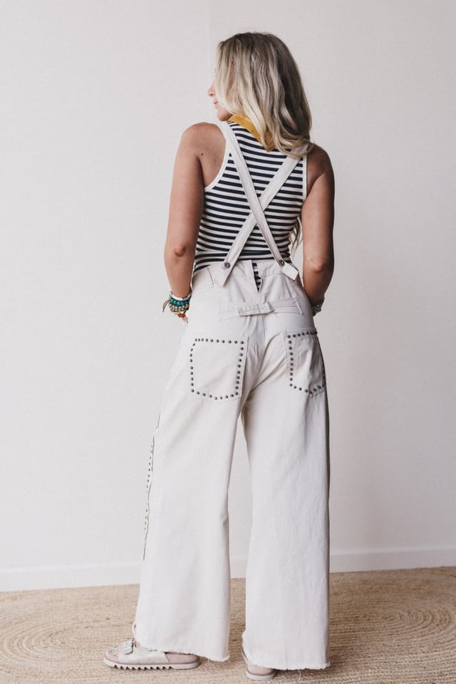Rebel Stone Studded Overalls - Beige