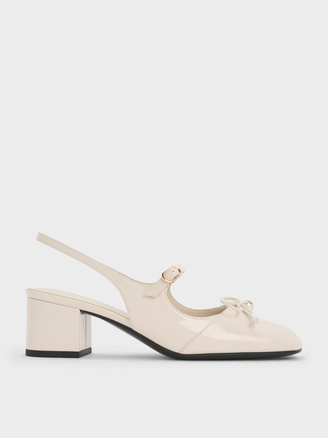 Chalk Patent Bow Crystal-Pearl Slingback Mary Jane Pumps | CHARLES & KEITH