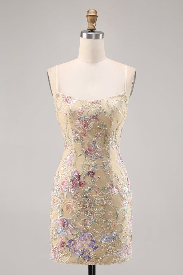 Sparkly Apricot Floral Embroidered Bodycon Homecoming Dress