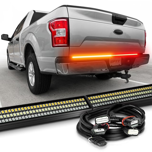 OPT7 Redline Parlux Triple Tailgate Light Bar 60" Bundle for Ford F150 15-20 with Blind Spot Easy Connect Harness