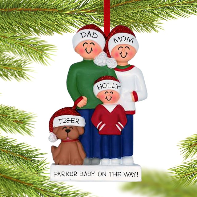 Expecting Family Of 3 With Brown Dog Christmas Ornament - Personalized Christmas Ornaments | Ornament Shop