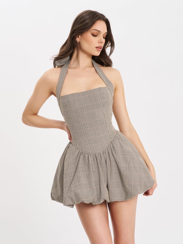 Dacia Plaid Halter Lace-up Bubble Mini Dress