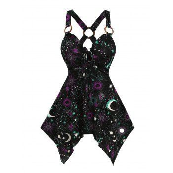 Galaxy Sun Star Moon O Ring Lace Up Handkerchief Hem Summer Tank Top