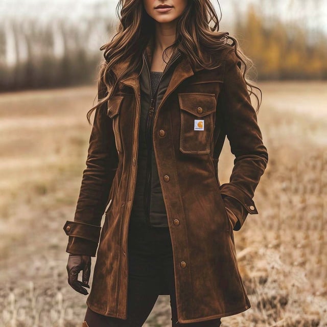 Carhartt Women's Jacket Vintage Suede Lapel Collar Mid-Length Coat