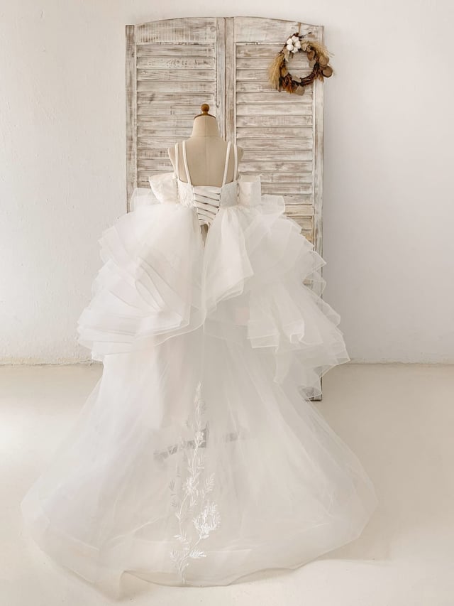 Off Shoulder Ivory Lace Tulle Straps Corset Back Horsehair Wedding Flower Girl Dress