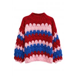 Color Blocked High Neck Hand-Knit Chunky Sweater in Red