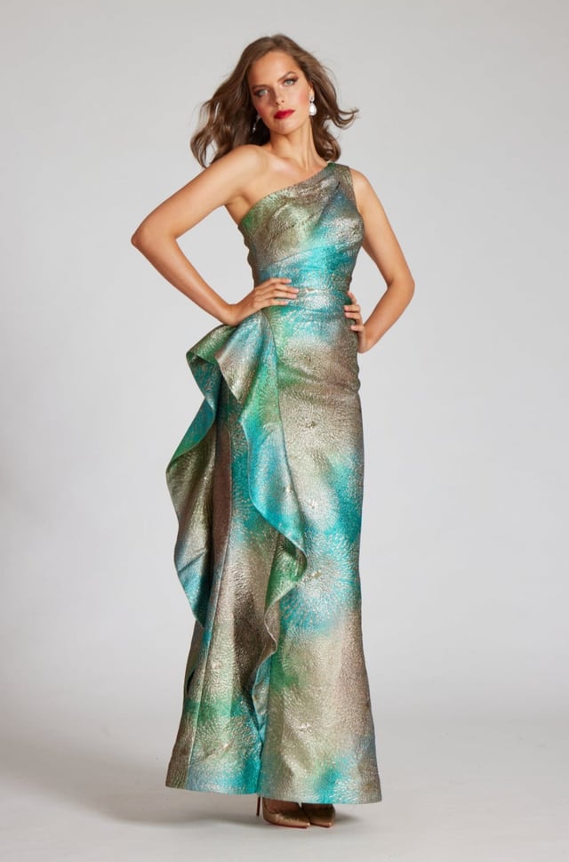 Metallic Starburst Pattern One Shoulder Gown
