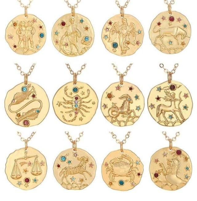 Gold Crystal Zodiac Coin Necklace