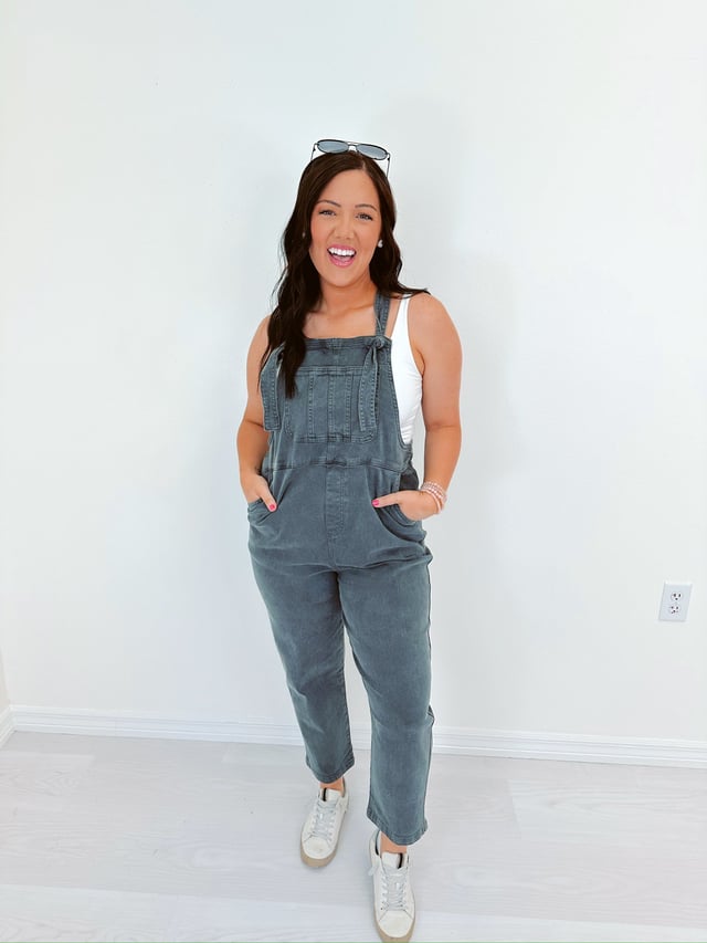 Kamryn Comfy Cropped Tie Knot Overalls - Ash Black
