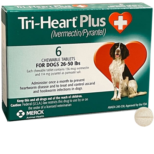 Tri-Heart Plus for Dogs - ivermectin|pyrantel - 26-50 lbs (1 Chewable Tablet) - [Heartworm Prevention]